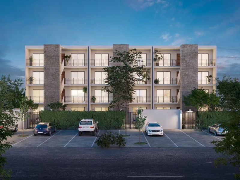 Image of Parking at Zek Tulum, featuring Modern Apartment Building, Residential Facade.