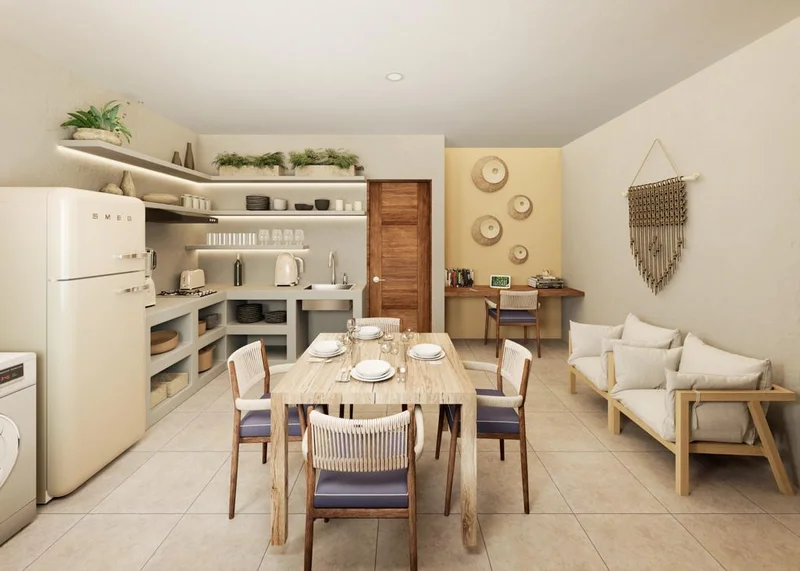 View of Open Concept Living at Zek Tulum, showcasing Modern Kitchen, Dining Area.