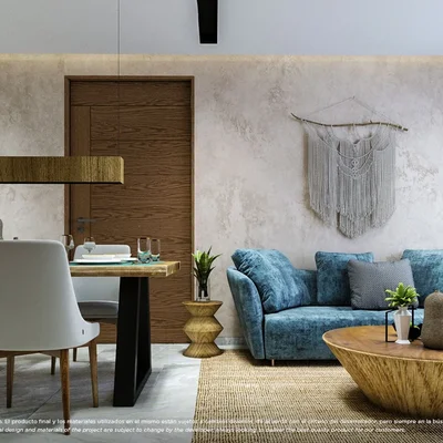 View of Modern Living Room at Xkaa Tulum, showcasing Dining Area, Contemporary Interior.