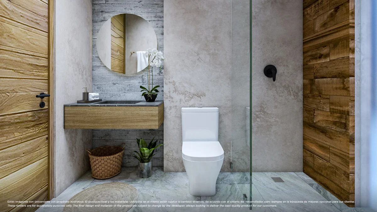 View of Modern Bathroom at Xkaa Tulum, showcasing Floating Vanity, Concrete Accents.