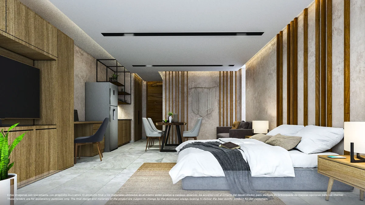 View of Studio Apartment at Xkaa Tulum, showcasing Modern Interior, Open Concept.