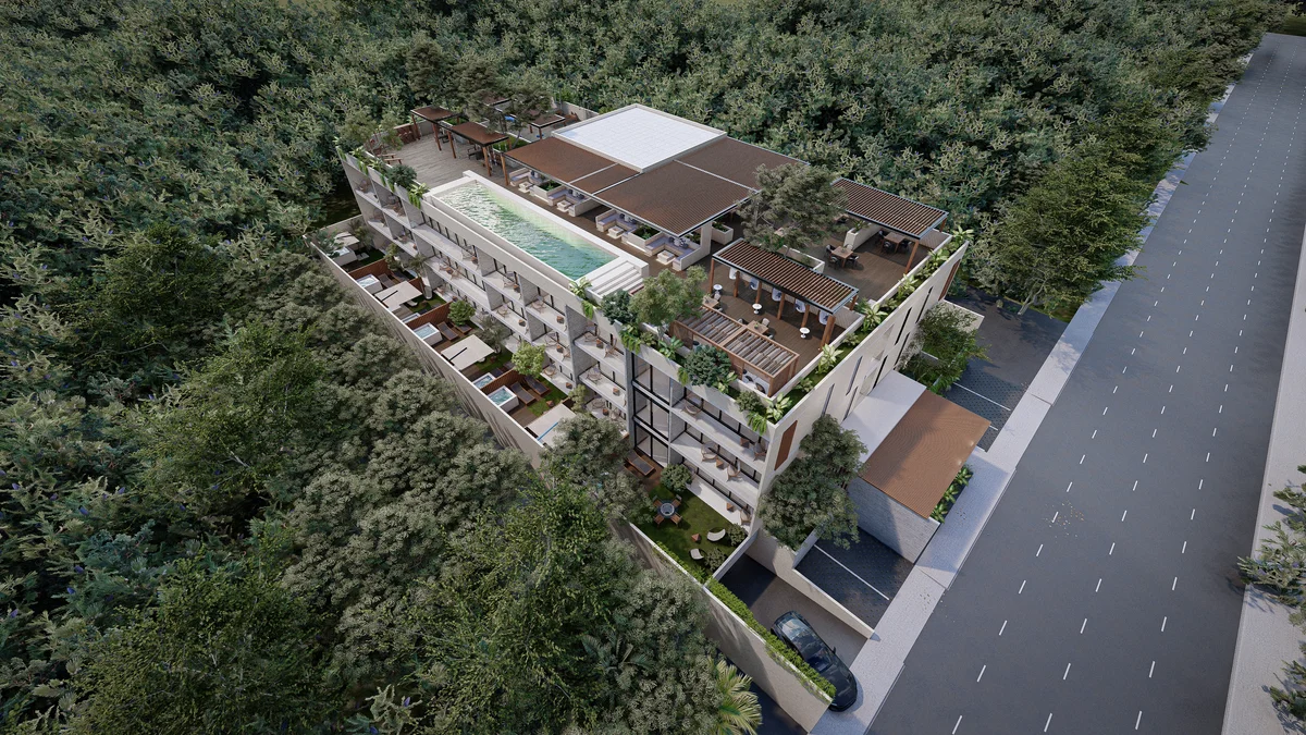 Image of Swimming Pool at Xkaa Tulum, featuring Aerial View, Residential Building.
