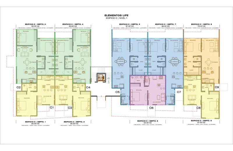 Three architectural floor plan diagrams for Elementos Life, Building C, showing layouts for Level 1, Level 2, and Level 3. Each level displays multiple apartment units (Depto C1-C23) with varying configurations of 1, 2, and 3 bedrooms, bathrooms, ...