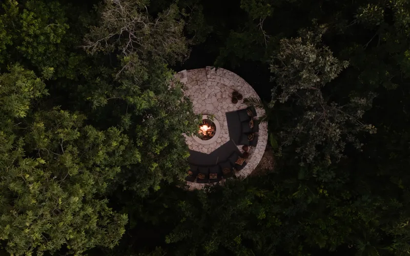 A beautifully designed outdoor lounge area at La Reserva Tulum, featuring dark walls, a tree growing through the floor, stylish dark furniture, a round coffee table, and woven pendant lights, all set against a backdrop of lush tropical foliage wit...