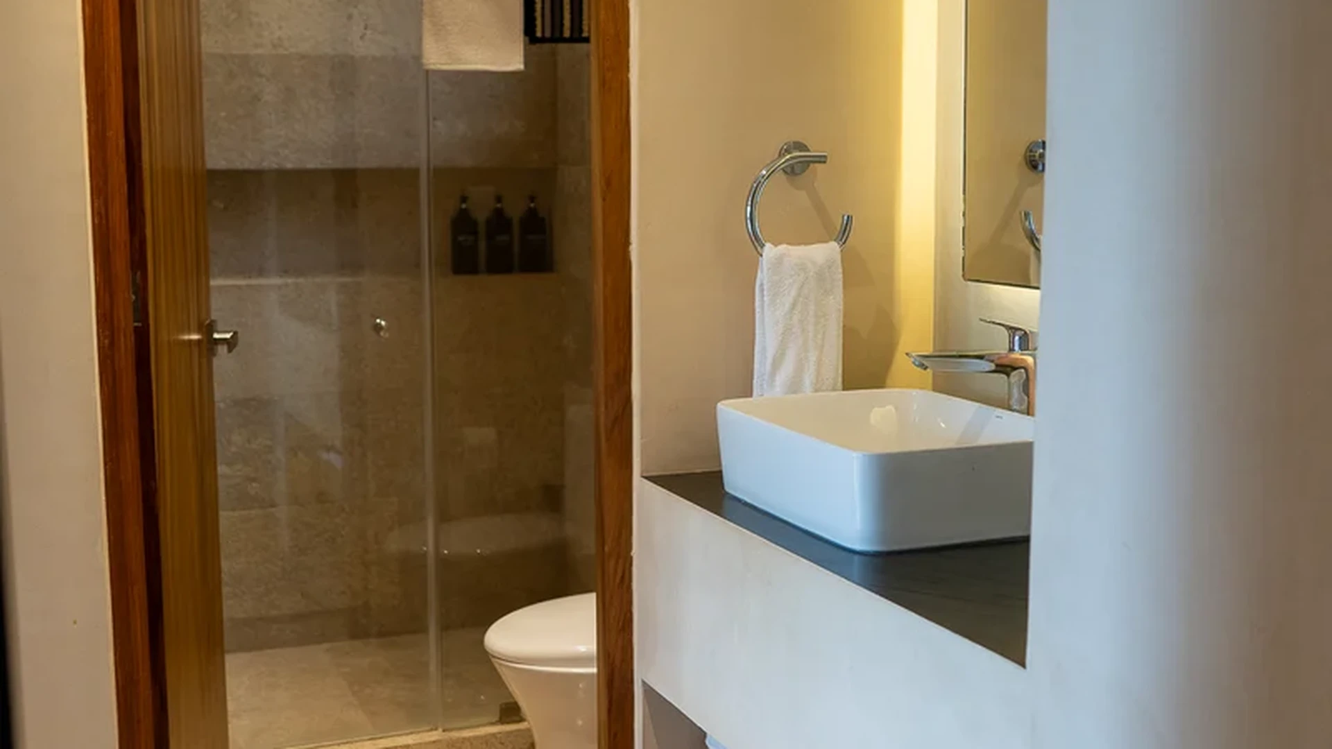 View of Modern Bathroom at Kaahal, showcasing Contemporary Bathroom, Walk-in Shower.