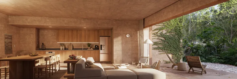A wide interior rendering of an Aldea Kalan apartment, featuring an open-plan living room, dining area, and kitchen. The design incorporates earthy tones, textured walls, and natural wood cabinetry. A large, light-colored sectional sofa defines th...