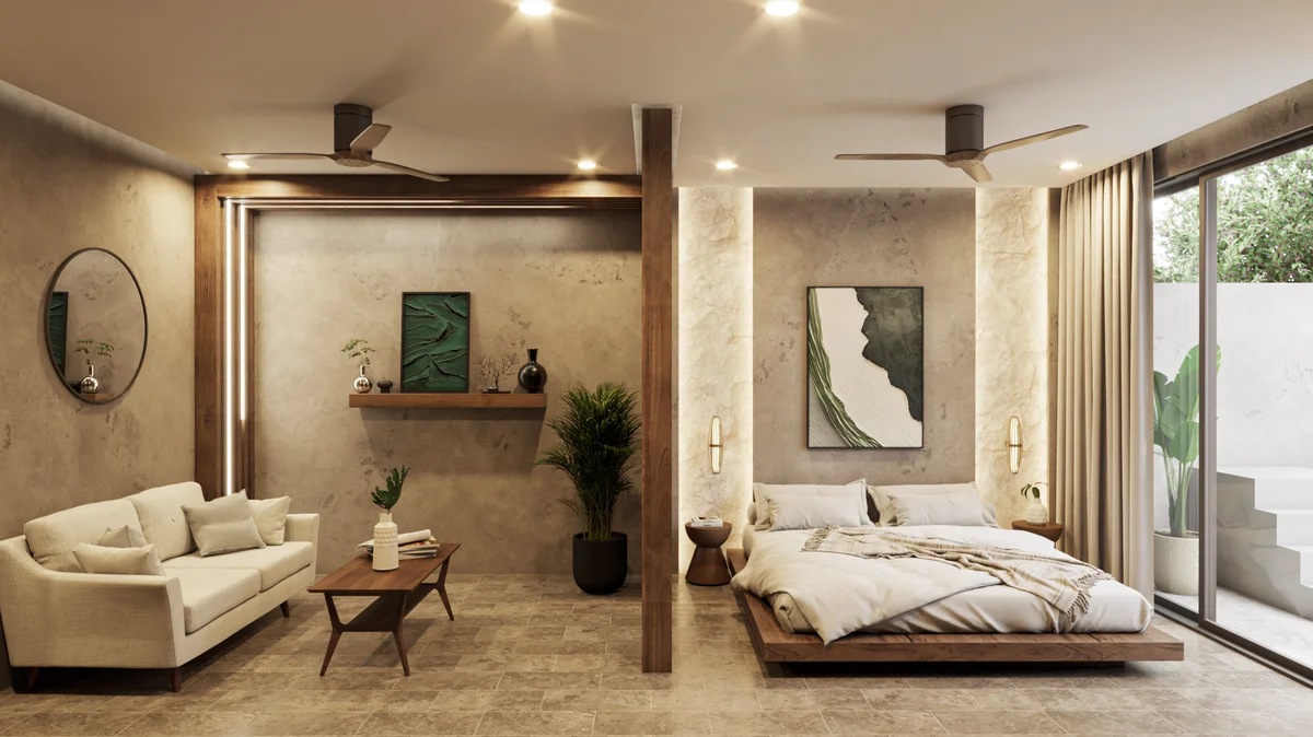 View of Modern Living Room at Mila Condos, showcasing Contemporary Bedroom, Open Concept Design.