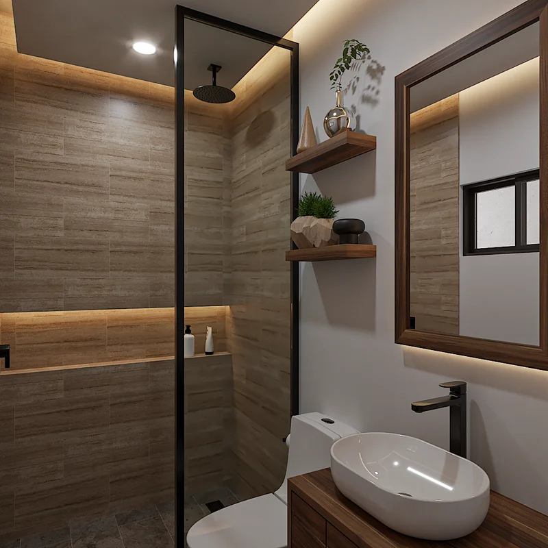 View of Modern Bathroom at Mila Condos, showcasing Rain Shower, Vessel Sink.