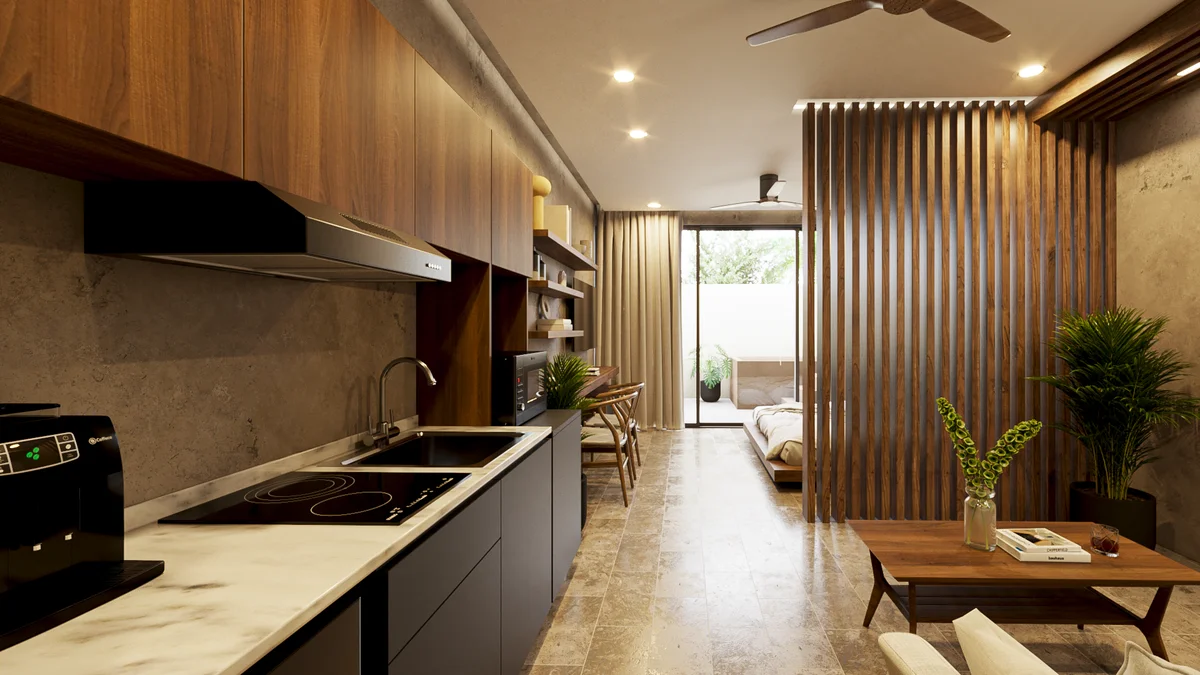 View of Modern Studio Apartment at Mila Condos, showcasing Integrated Kitchen, Contemporary Design.