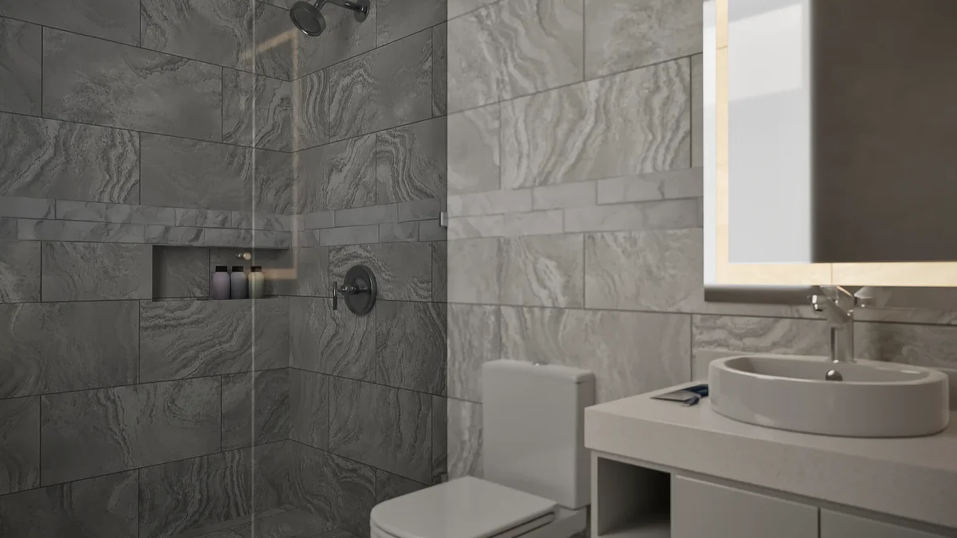 View of Modern Bathroom at Polo 5ta, showcasing Walk-in Shower, Grey Tile Bathroom.