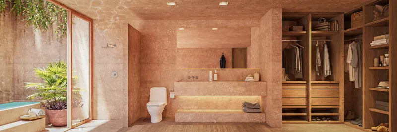 A warm, inviting render of a spacious living room and open-plan kitchen in an Aldea Kalan apartment, featuring natural wood tones, light-colored furniture, and large sliding glass doors opening to a lush green balcony, embodying the Wabi Sabi phil...