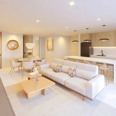 View of Open Concept Living at Distrito Xcalacoco Beach, showcasing Modern Interior Design, Luxury Apartment.