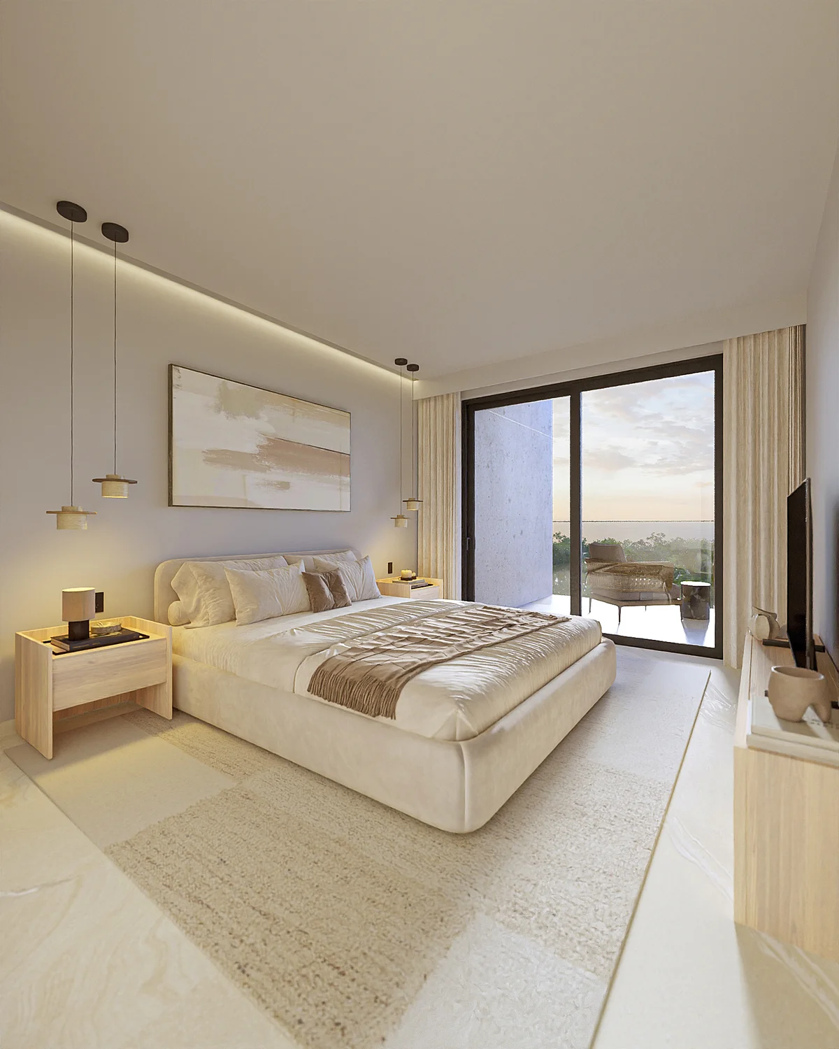 View of Modern Bedroom at Distrito Xcalacoco Beach, showcasing Luxury Bedroom, Minimalist Interior.