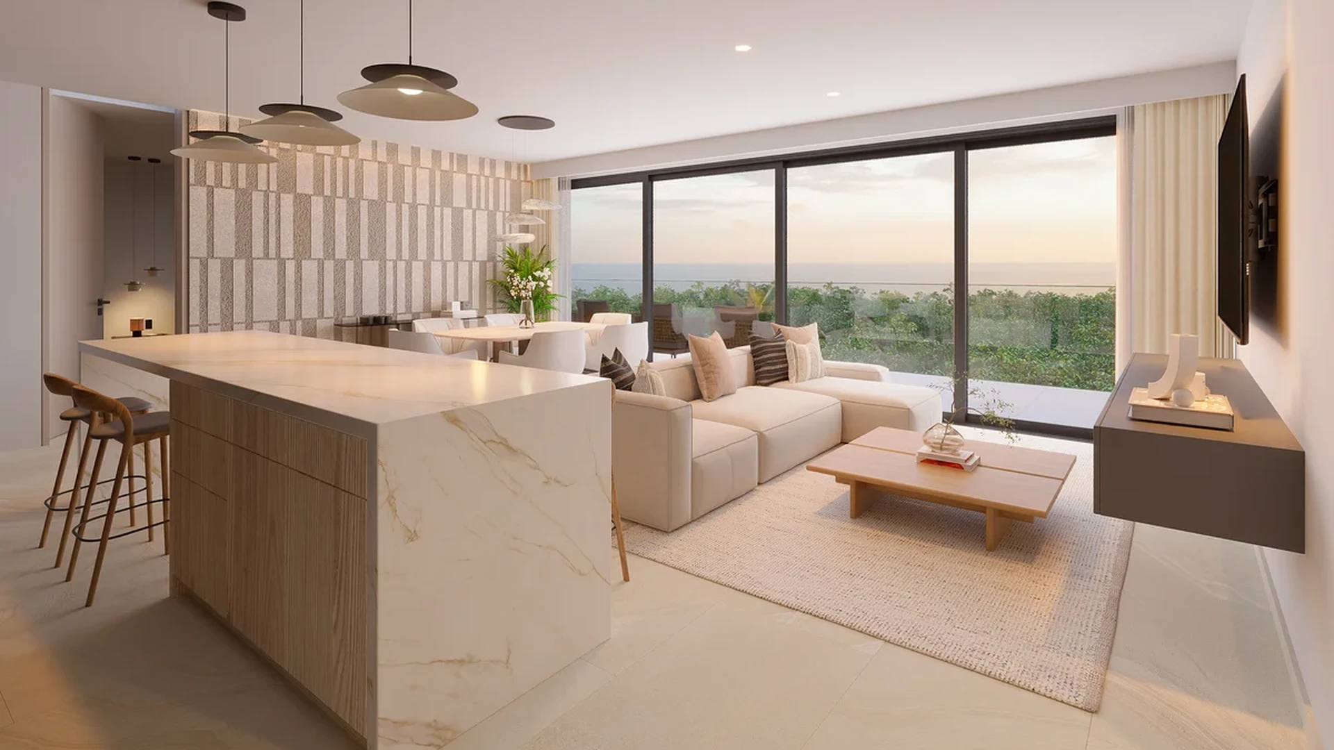 Image of Ocean View at Distrito Xcalacoco Beach, featuring Modern Living Room, Open Concept Design.