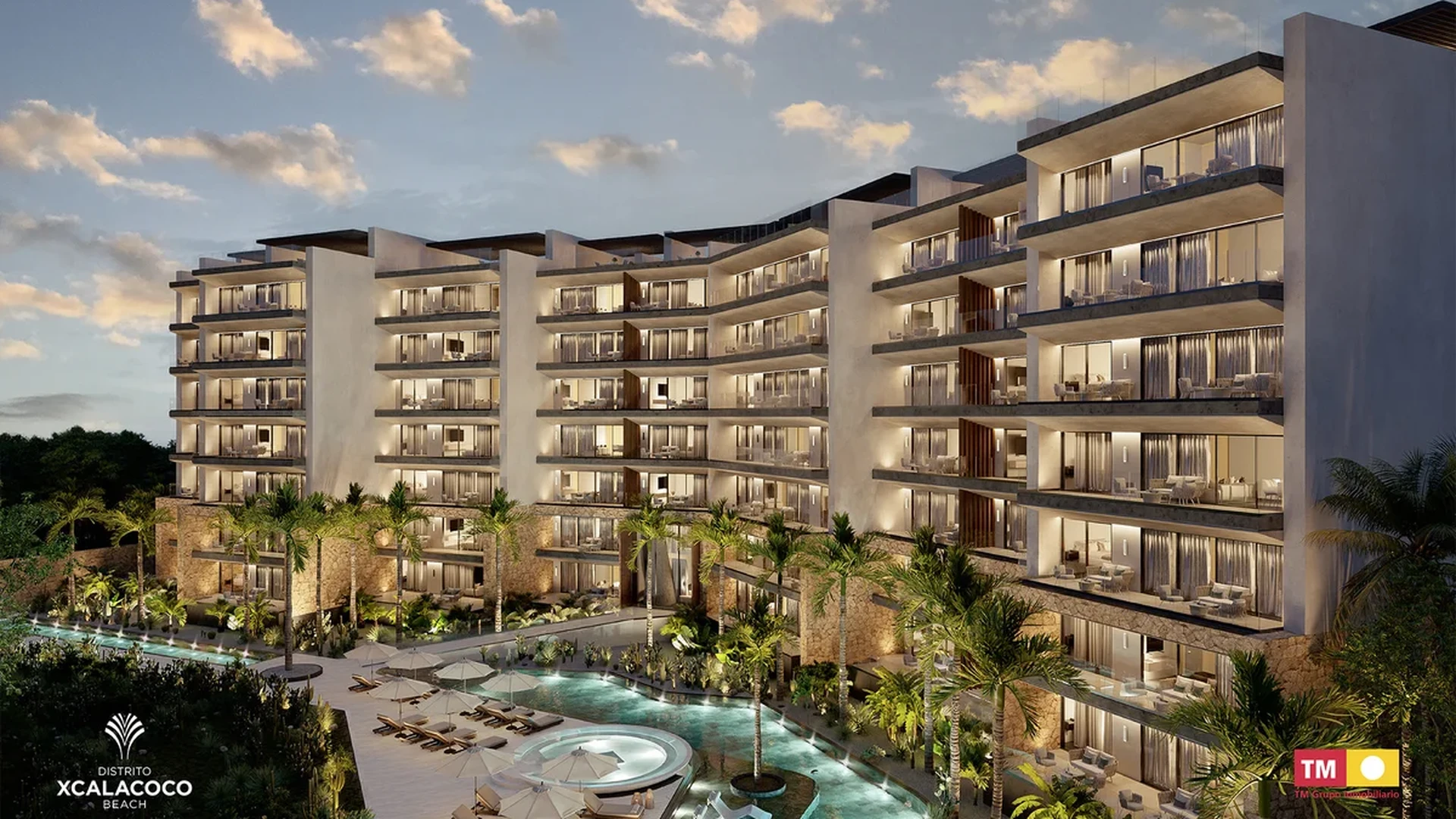 Image of Swimming Pool at Distrito Xcalacoco Beach, featuring Luxury Condominium, Modern Architecture.