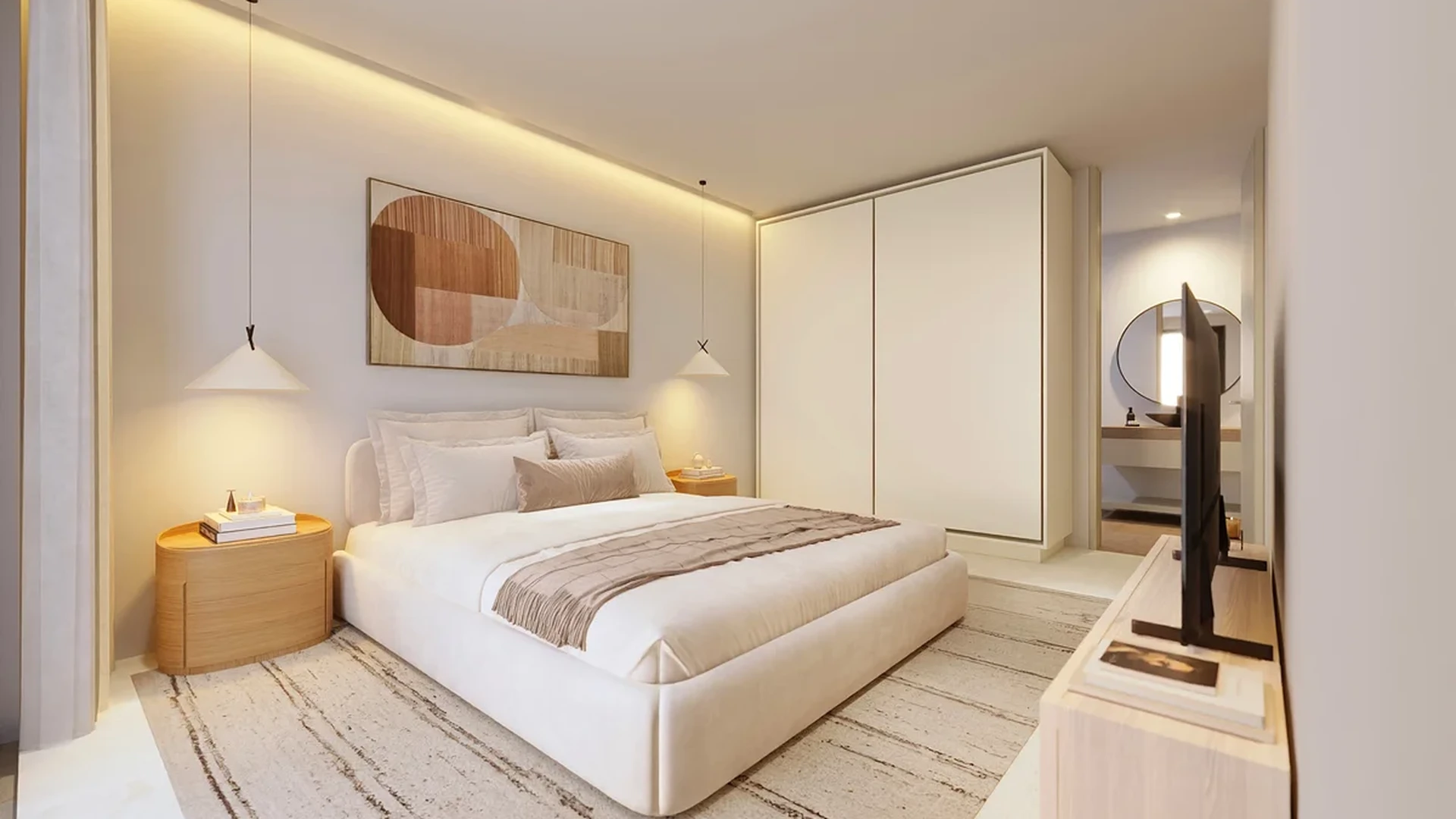 View of Modern Bedroom at Distrito Xcalacoco Beach, showcasing Spacious Bedroom, Neutral Decor.