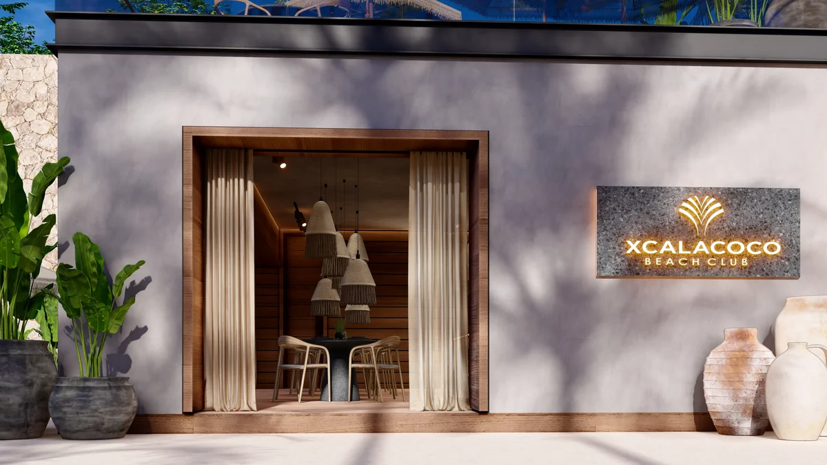Image of Lounge at Distrito Xcalacoco Beach, featuring Beach Club Entrance, Tropical Architecture.