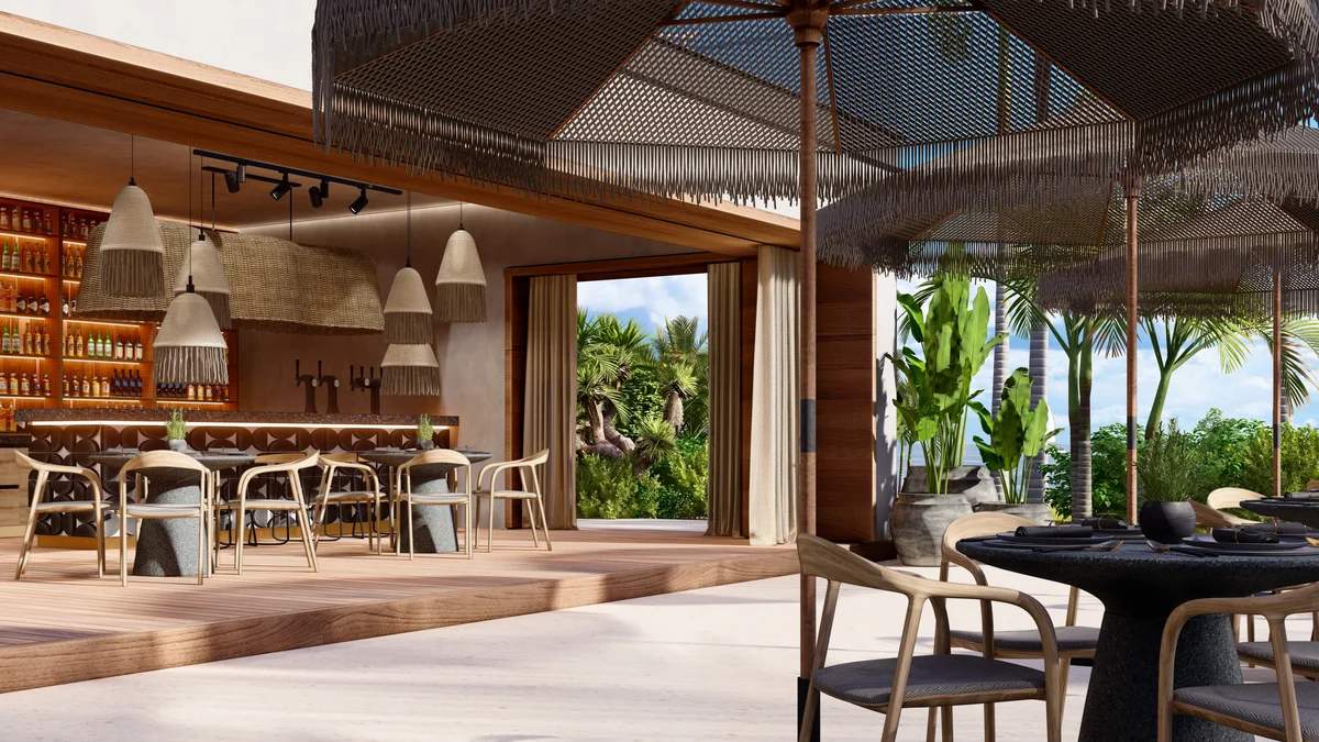 Image of Lounge at Distrito Xcalacoco Beach, featuring Luxury Bar, Restaurant Area.