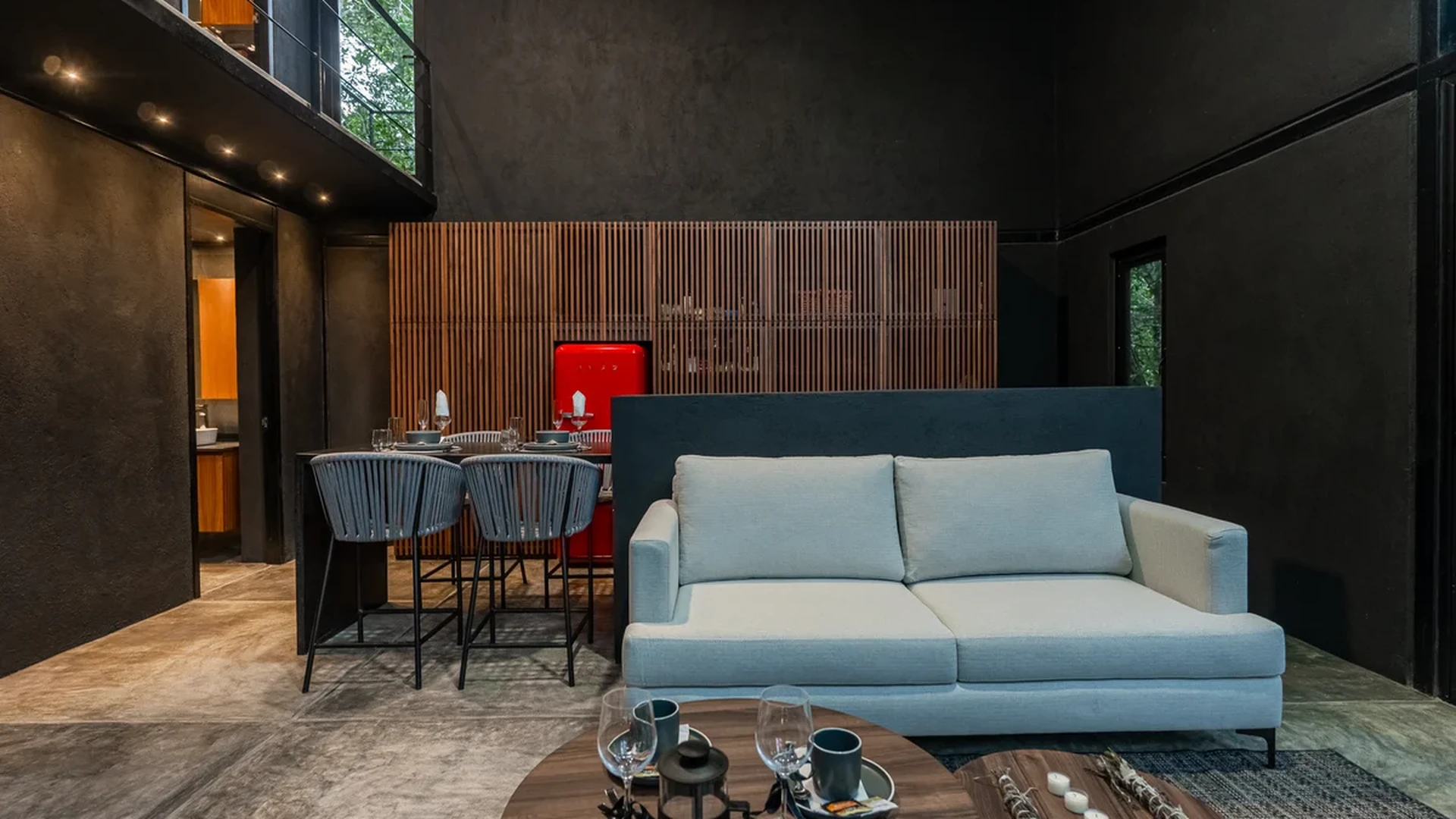 View of Modern Interior at Tree60, showcasing Open Concept Living, Industrial Design.