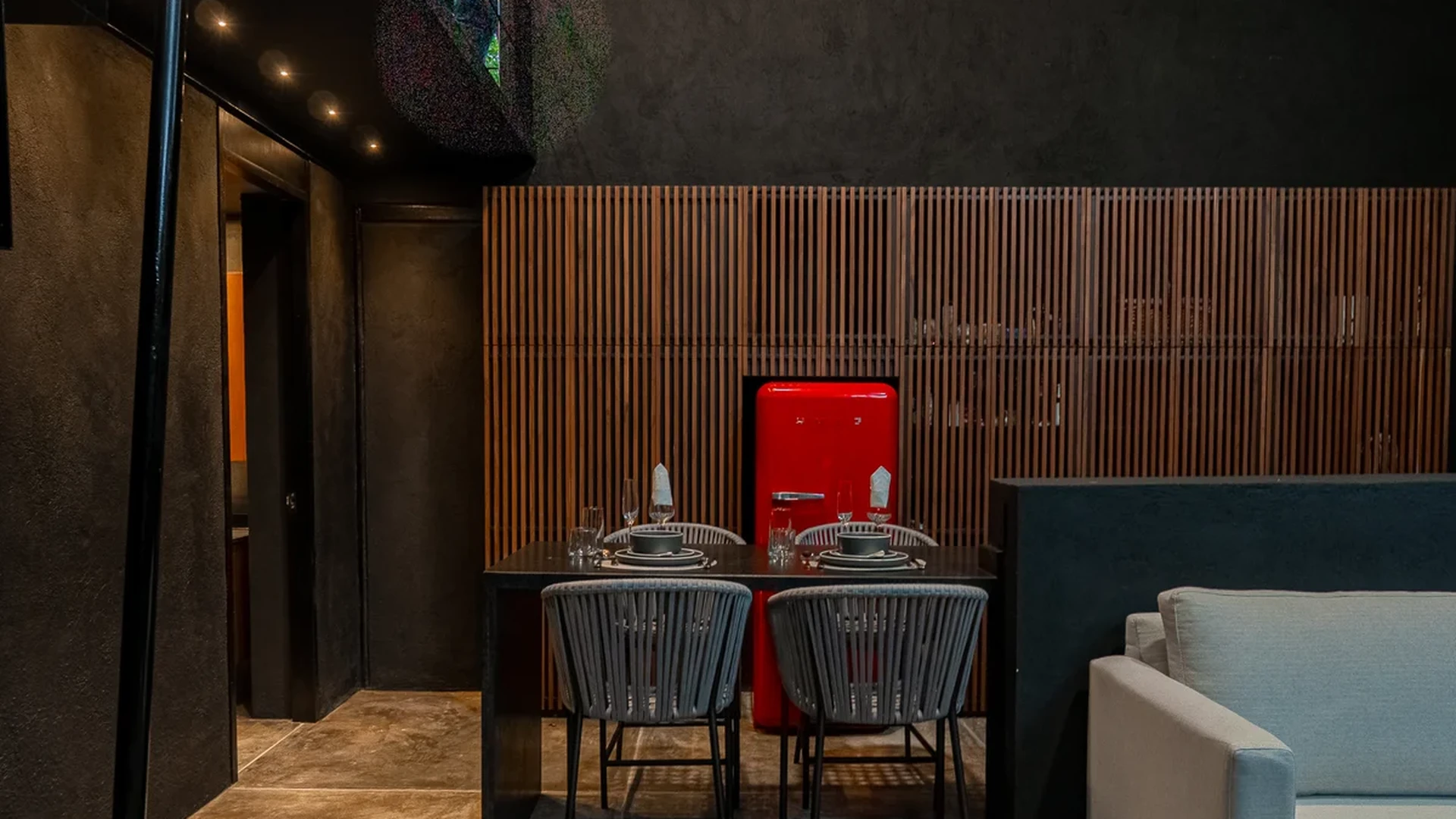 View of Modern Interior at Tree60, showcasing Industrial Design, Concrete Flooring.