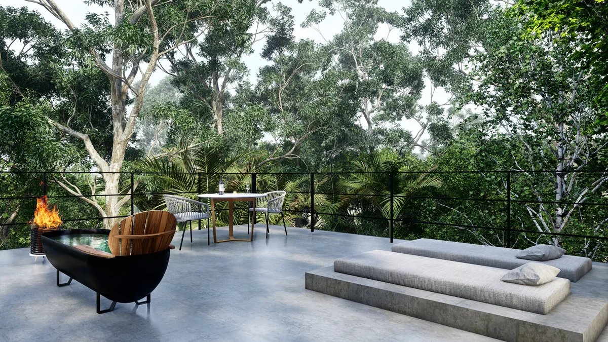 Image of Fire Pit at Tree60, featuring Outdoor Terrace, Jungle View.