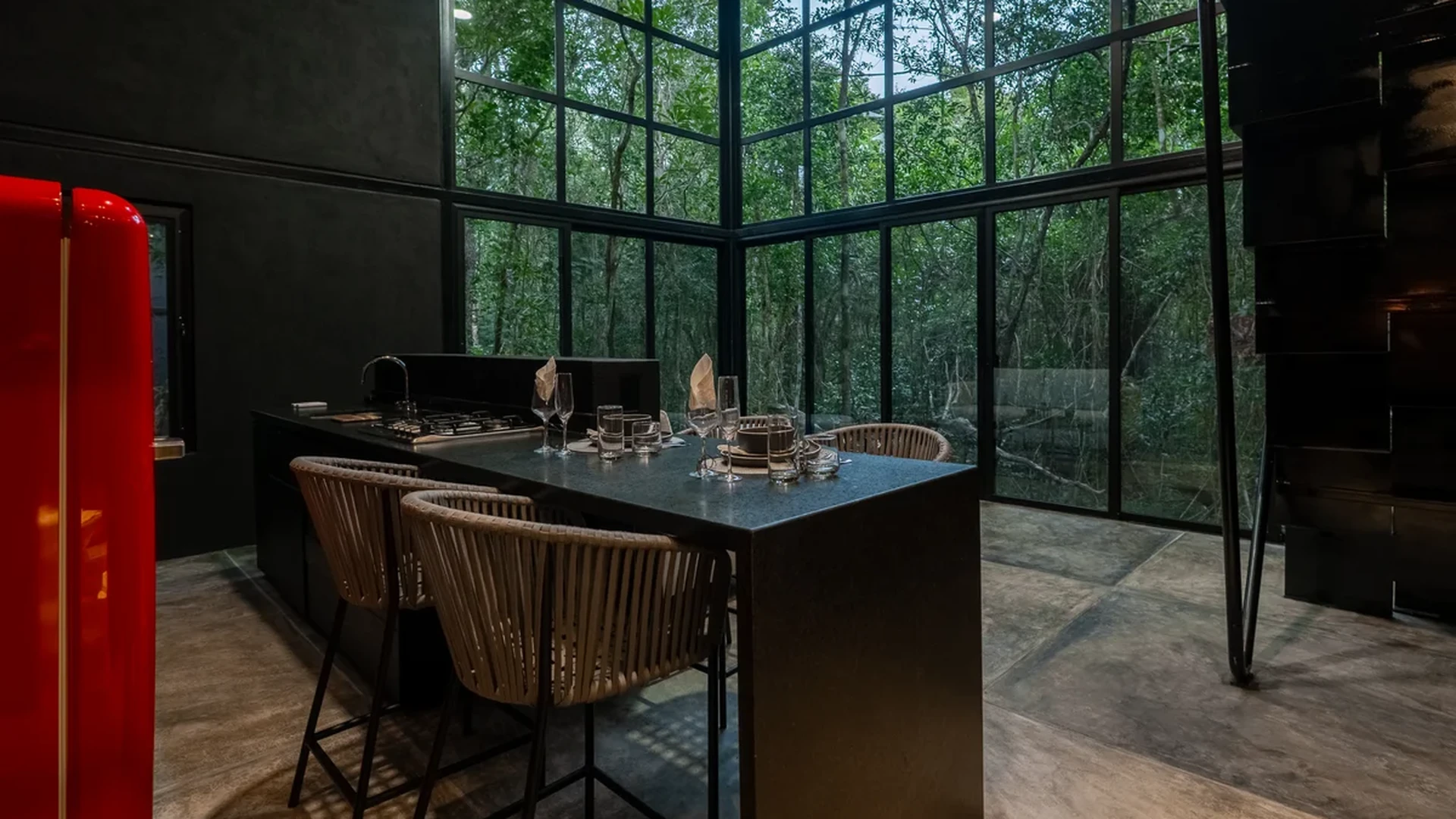 View of Modern Kitchen at Tree60, showcasing Forest View, Floor-to-ceiling Windows.
