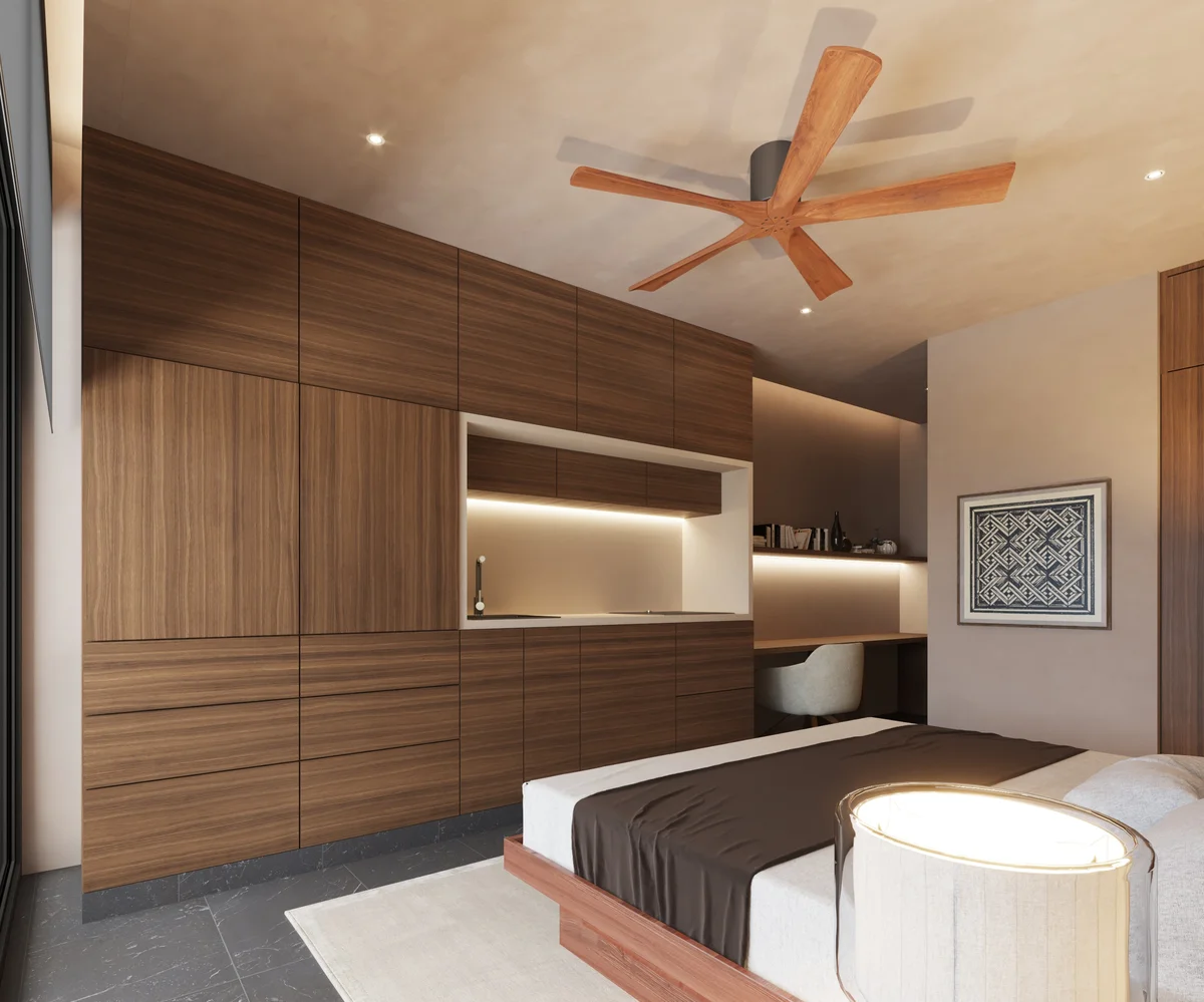 View of Modern Bedroom at Xiol, showcasing Studio Living, Built-in Cabinetry.