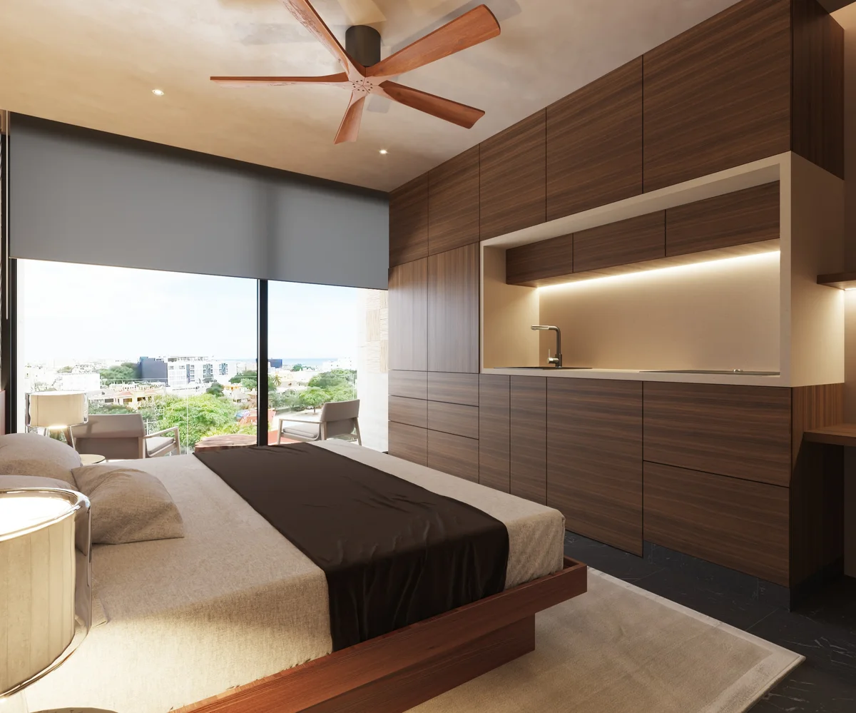 View of Modern Bedroom at Xiol, showcasing Studio Apartment, Integrated Kitchenette.