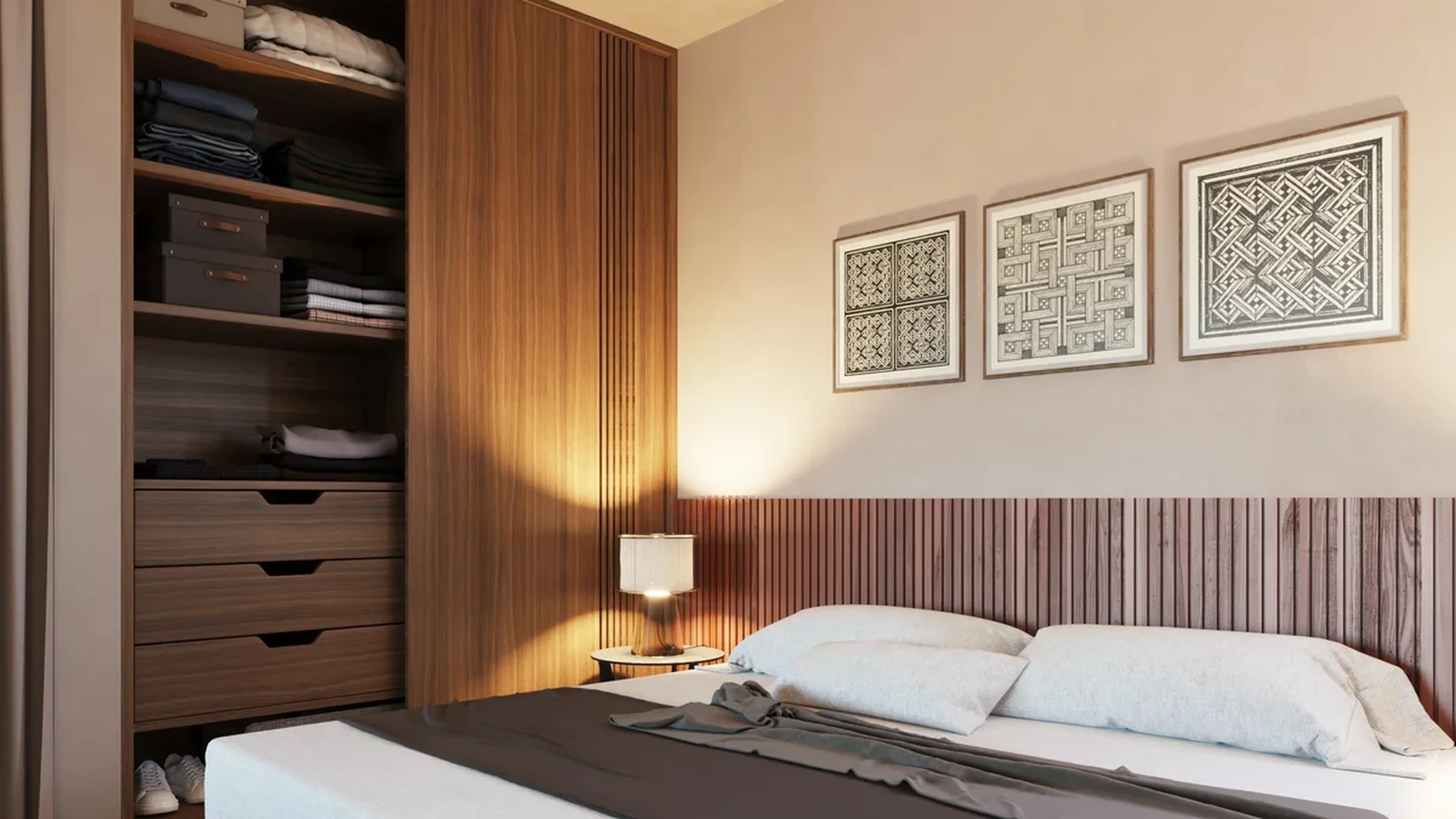View of Modern Bedroom at Xiol, showcasing Bedroom Interior, Wood Paneling.