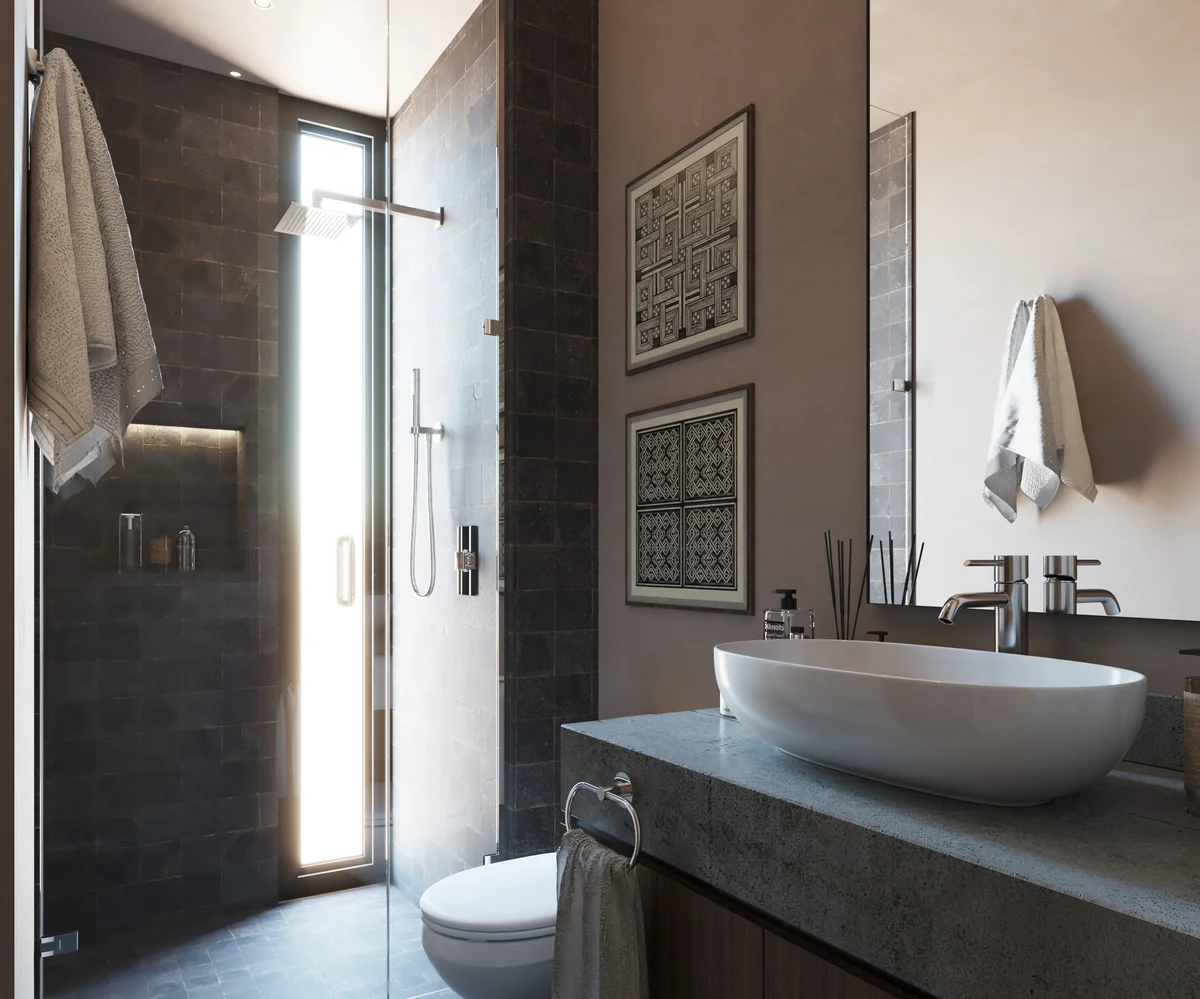 View of Modern Bathroom at Xiol, showcasing Contemporary Design, Spa Shower.