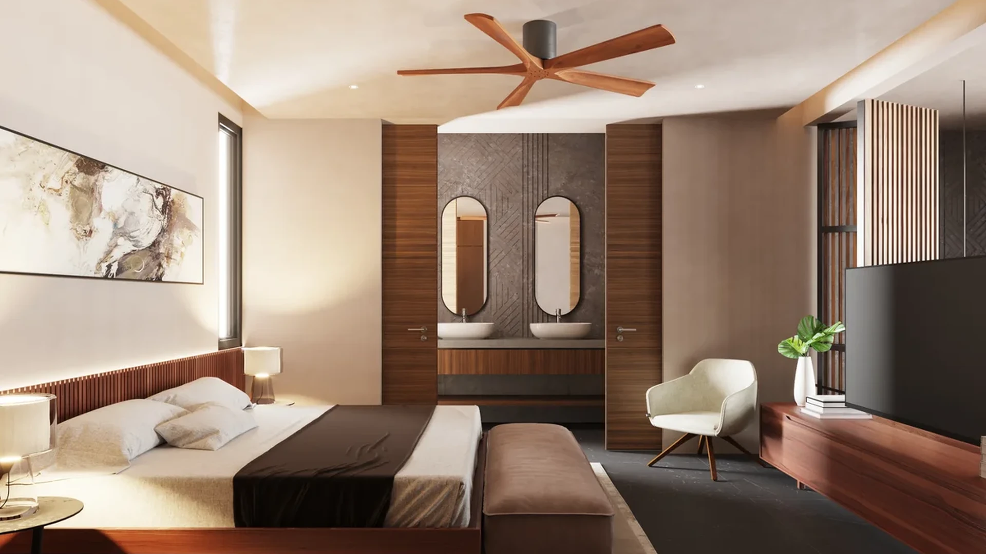 View of Modern Bedroom at Xiol, showcasing Luxury Residence, Contemporary Design.