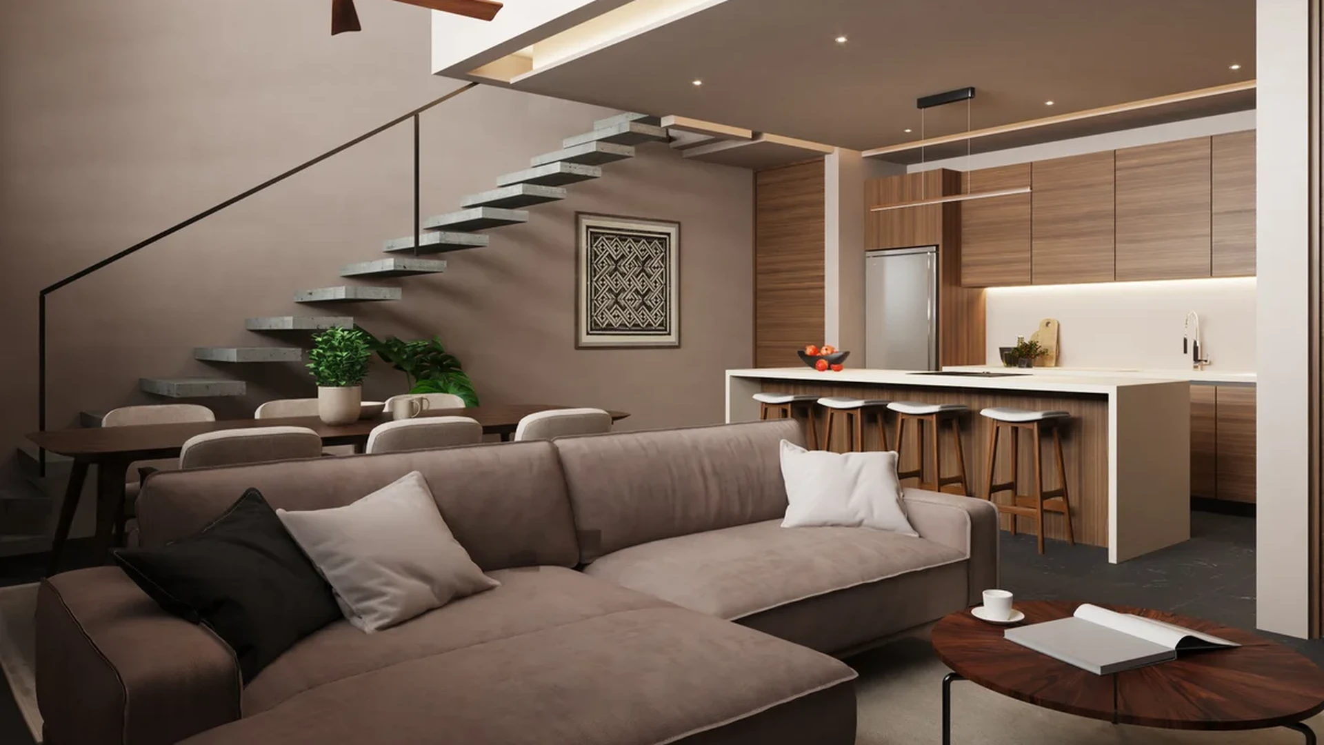 View of Modern Interior at Xiol, showcasing Open Concept Living, Kitchen Island.