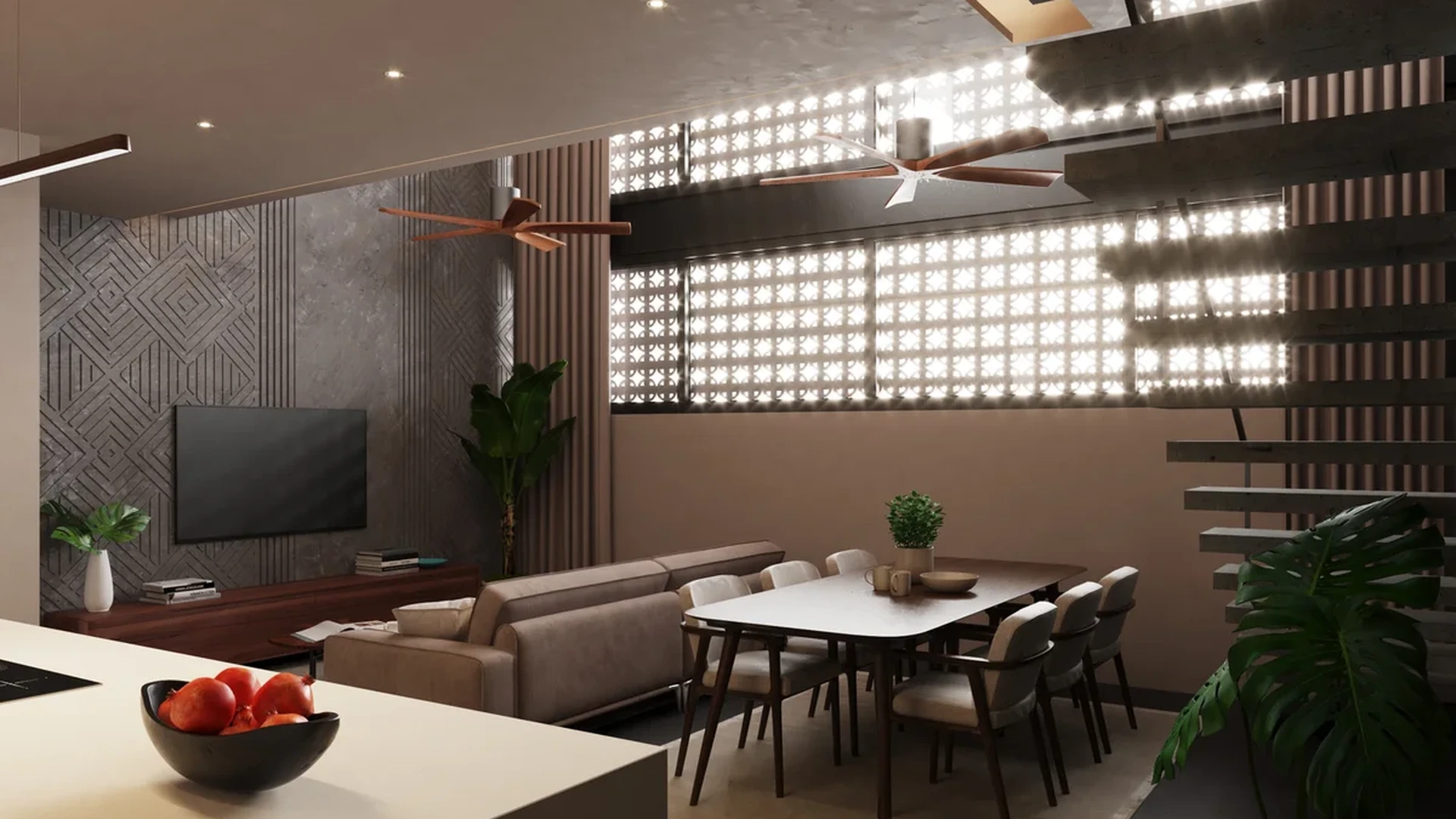 View of Modern Living Room at Xiol, showcasing Open Concept Design, Contemporary Interior.