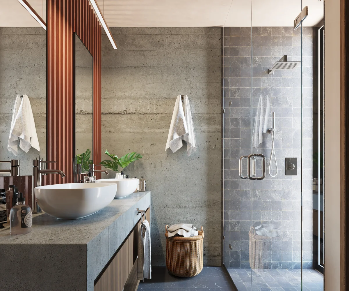 View of Modern Bathroom at Xiol, showcasing Double Vanity, Concrete Walls.