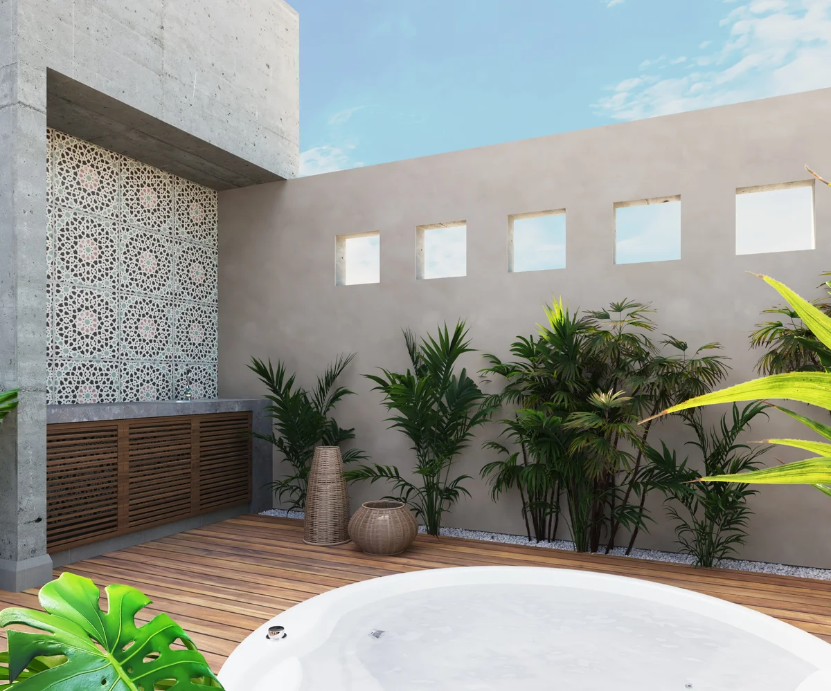 Image of Jacuzzi at Xiol, featuring Outdoor Jacuzzi, Wooden Decking.