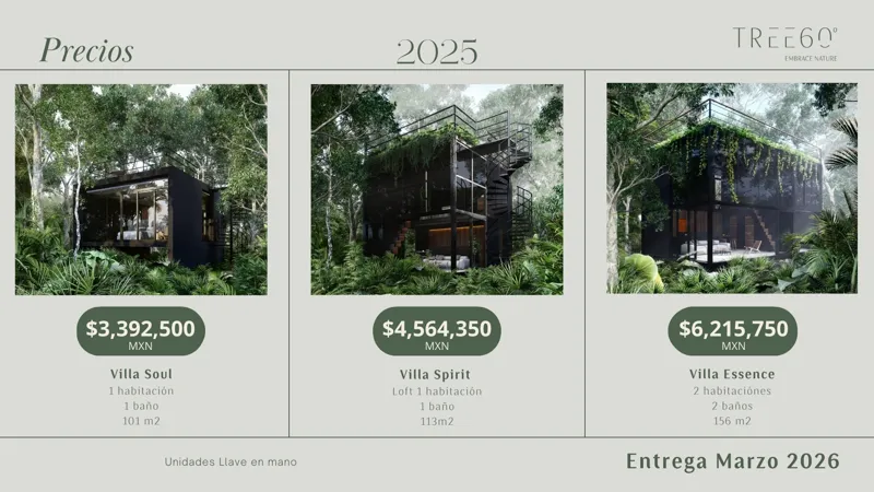 An image displaying the 2025 price list for Tree60's Jungle Villas, showing three villa types (Soul, Spirit, Essence) with their respective prices in MXN, number of rooms, bathrooms, and square meters, set against a lush jungle backdrop with the T...