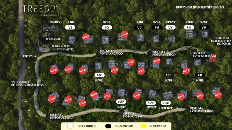 An image displaying the 2025 price list for Tree60's Jungle Villas, showing three villa types (Soul, Spirit, Essence) with their respective prices in MXN, number of rooms, bathrooms, and square meters, set against a lush jungle backdrop with the T...