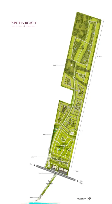 An aerial-view master plan of Xpu-Ha Beach Residential Resort, showing a long, narrow green-hued development divided into multiple residential sections like Selvamia, Dunas, Palma, Oasis, Coral, Estrellas de Mar, and Sirena. The plan illustrates t...