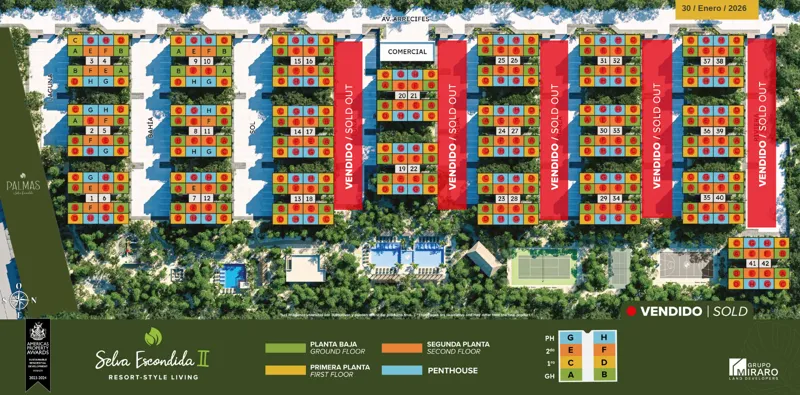 An aerial sitemap of the Selva Escondida II development, showcasing multiple residential buildings and amenities. The map uses color-coding to distinguish between ground floor, first floor, second floor, and penthouse units. Several buildings are ...
