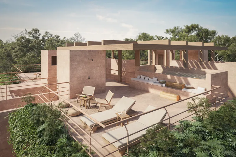 A high-angle render of a spacious outdoor rooftop terrace at Aldea Kalan, featuring a long wooden dining table with chairs, an integrated outdoor kitchen/bar area, and a wooden lounge chair on a light-colored patio, all under a clear blue sky with...