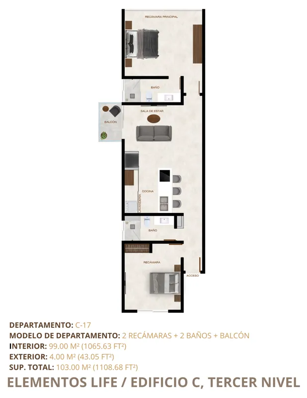 A collection of six architectural floor plan diagrams for different units in Elementos Life's Building C, illustrating 1-bedroom and 2-bedroom layouts with corresponding interior and total square footage, located on the second and third levels.