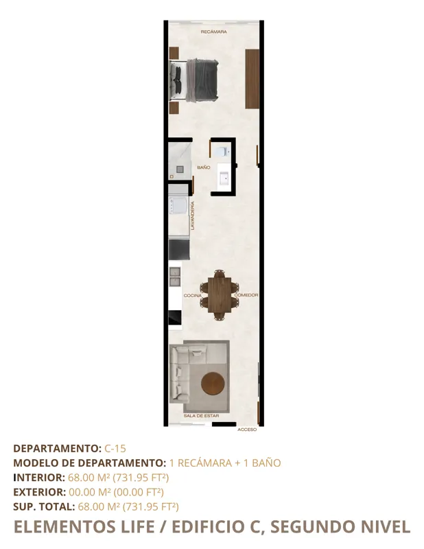 A collection of six architectural floor plan diagrams for different units in Elementos Life's Building C, illustrating 1-bedroom and 2-bedroom layouts with corresponding interior and total square footage, located on the second and third levels.