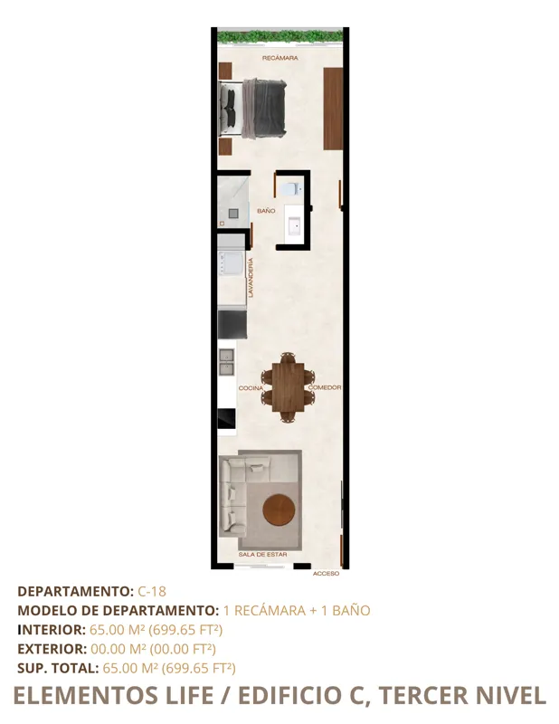 A collection of six architectural floor plan diagrams for different units in Elementos Life's Building C, illustrating 1-bedroom and 2-bedroom layouts with corresponding interior and total square footage, located on the second and third levels.