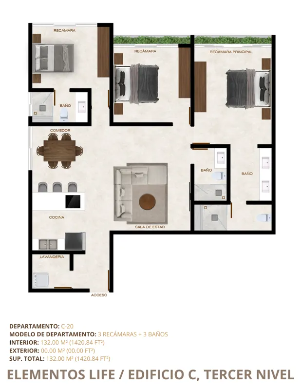 A collection of 8 detailed floor plans for units C-16, C-17, C-18, C-19, C-20, C-21, C-22, and C-23 in Elementos Life's Building C, illustrating various apartment layouts with 1, 2, or 3 bedrooms, bathrooms, living areas, kitchens, and balconies, ...