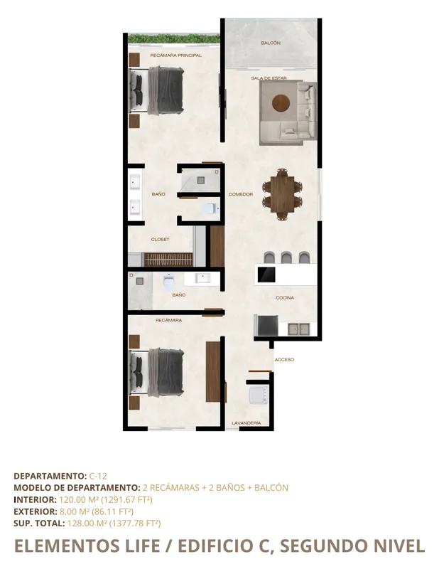 A collection of 8 detailed floor plans for units C-16, C-17, C-18, C-19, C-20, C-21, C-22, and C-23 in Elementos Life's Building C, illustrating various apartment layouts with 1, 2, or 3 bedrooms, bathrooms, living areas, kitchens, and balconies, ...