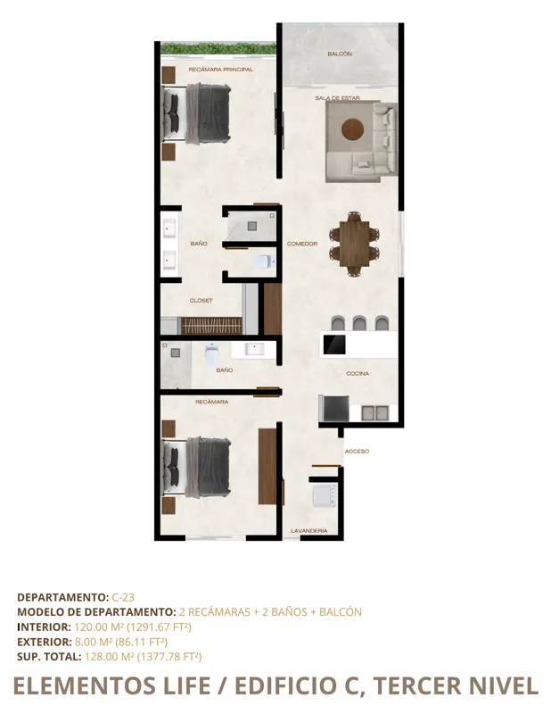 A collection of 8 detailed floor plans for units C-16, C-17, C-18, C-19, C-20, C-21, C-22, and C-23 in Elementos Life's Building C, illustrating various apartment layouts with 1, 2, or 3 bedrooms, bathrooms, living areas, kitchens, and balconies, ...