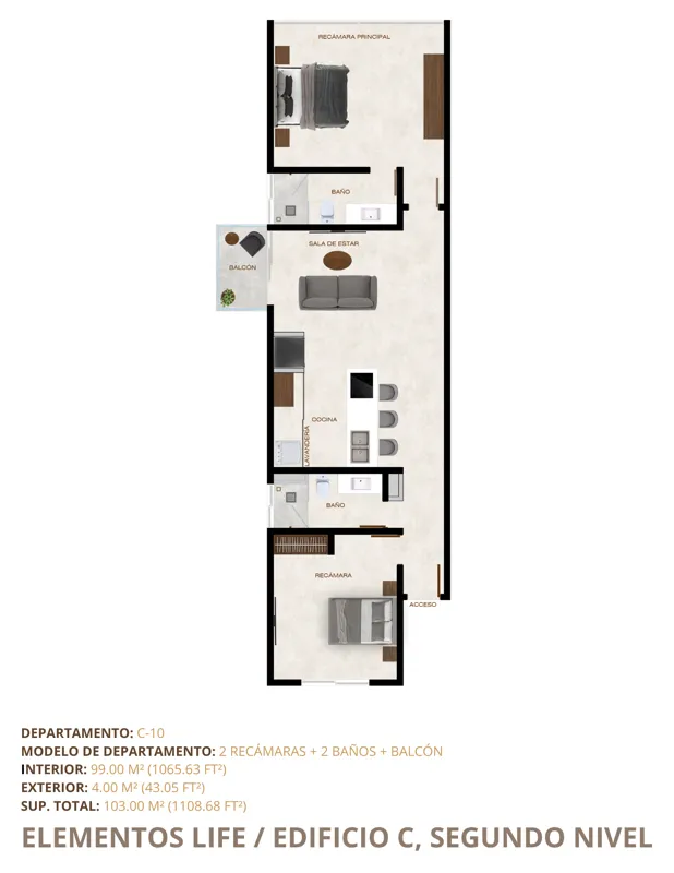 A collection of 8 detailed floor plans for units C-16, C-17, C-18, C-19, C-20, C-21, C-22, and C-23 in Elementos Life's Building C, illustrating various apartment layouts with 1, 2, or 3 bedrooms, bathrooms, living areas, kitchens, and balconies, ...