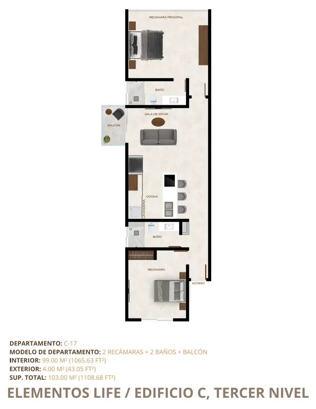 A collection of 8 detailed floor plans for units C-16, C-17, C-18, C-19, C-20, C-21, C-22, and C-23 in Elementos Life's Building C, illustrating various apartment layouts with 1, 2, or 3 bedrooms, bathrooms, living areas, kitchens, and balconies, ...