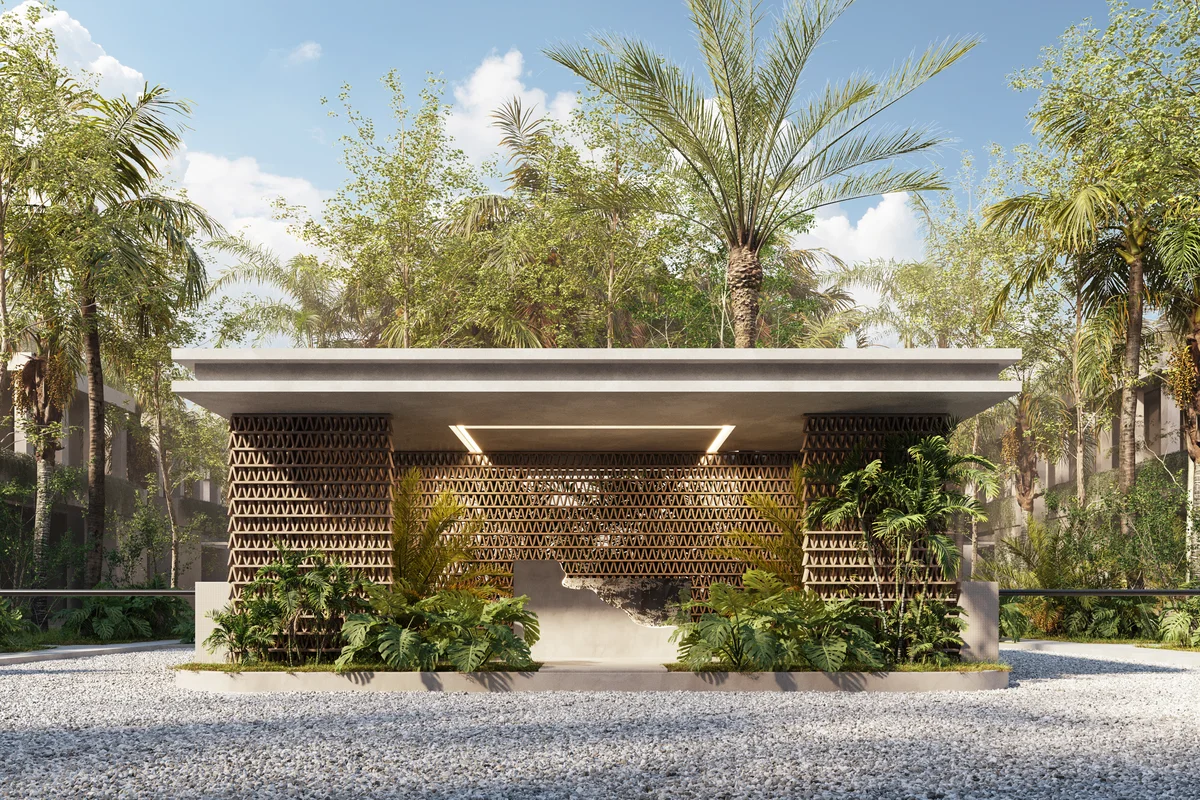 Image of Lobby at Distrito Bondia, featuring Tropical Architecture, Lush Greenery.
