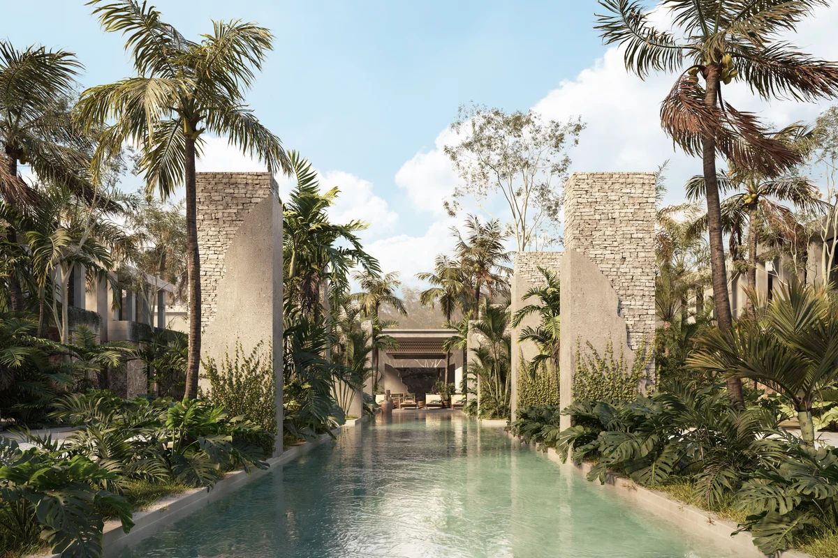 Image of Swimming Pool at Distrito Bondia, featuring Tropical Landscape, Lush Greenery.